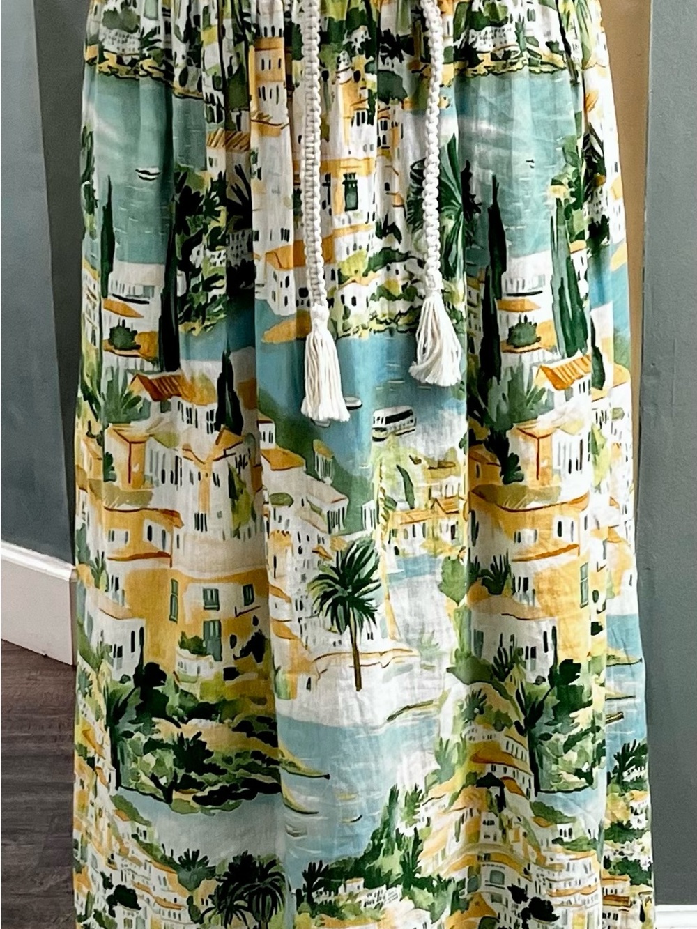 Mediterranean Print Cotton Curtain Panel in Turquoise and Yellow - Unbranded
